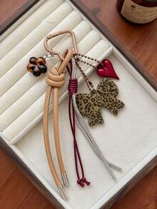 1pc Leopard Print Bow Tassel Bag Charm Amber Flower Heart Pendant Bag Accessory - Multicolor - View 4