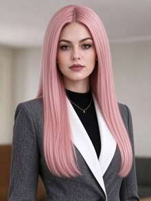 Pink Long Straight Wig For Women, 28 Inch High Temperature Fiber Wig Cap, Middle Part No Bangs Design, Fluffy And Flowing, Suitable For Halloween, Music Festival, Cosplay Styling, All Women - Pink - View 4