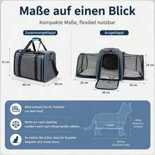 Erweiterbare faltbare Transporttasche für Katzen & kleine Hunde – 48*30*31 cm (ausgeklappt 80 cm), aus wasserdichtem Oxford-Gewebe & Netzgewebe, mit Schultergurt & abnehmbarem Kissen - Babyblau - Übersicht 3