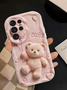 1pc Creamy Big Wave Ins Shockproof Anti-Drop Protective Phone Case, Pink Wavy Edge TPU Phone Shell, Cute 2D Printed Teddy Bear Heart-Shaped Balloon And CUTE Letter Print Pattern Anti-Drop Soft Protective Phone Case, Soft TPU Material, Shockproof Anti-Drop Anti-Scratch Protective Phone Case, Suitable For Women Pursuing Bohemian Style, Compatible With Samsung, Series Phones - White - View 3
