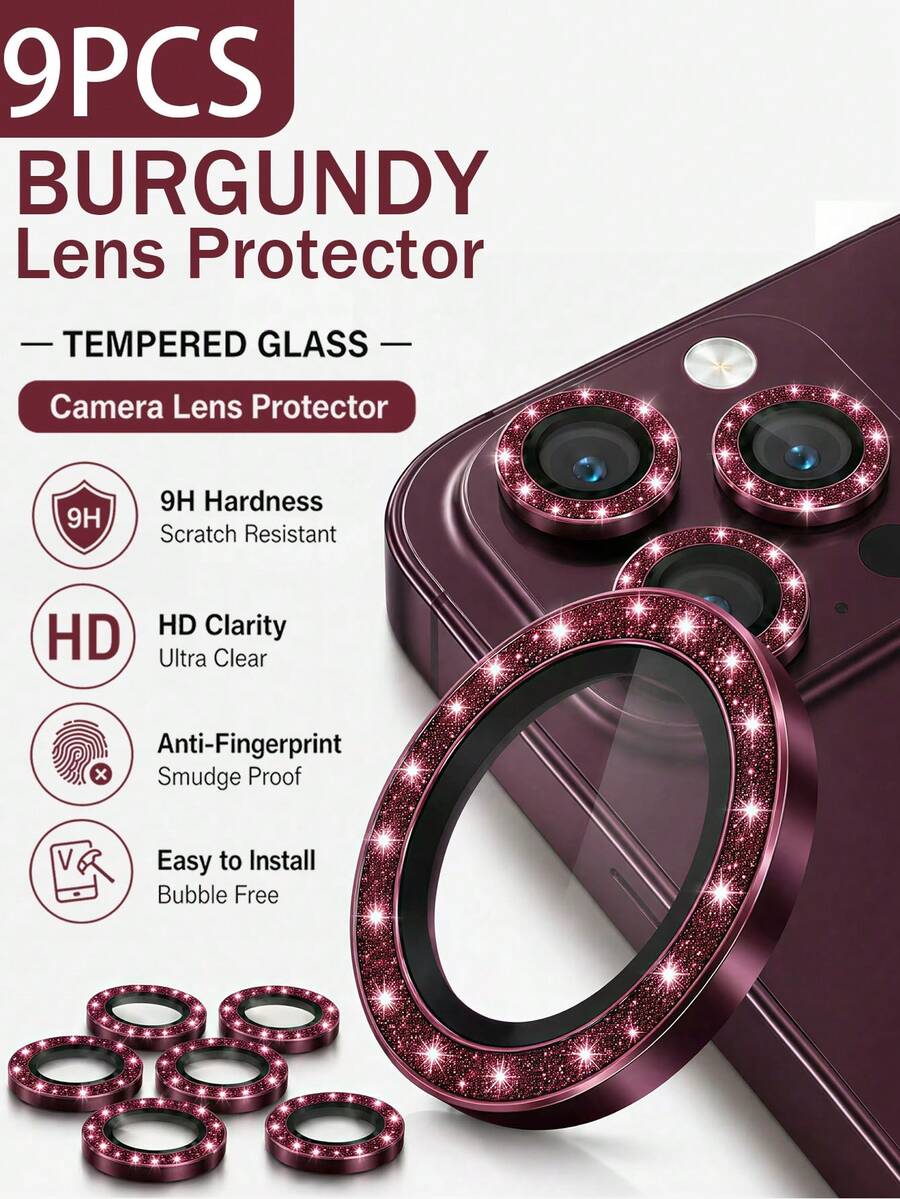 Mr. War Gorilla 9pcs[Wine Red Glitter Lens Ring]Glitter Appearance Personalized Choice, Each Independently Installed, Precise Lens Coverage, No Obstruction, No Bubbles, Easier Installation, Glass Material Scratch-Resistant, Lens Protection, Smooth Surface Waterproof, Anti-Fingerprint. Compatible With IPhone 18promax/18pro And Other Models.