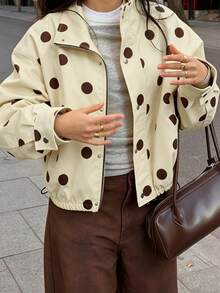 Plus Size Women's Polka Dot Woven Short Jacket, Casual Retro Style, Spring/Autumn/Winter, Daily Wear, Outings, Weekend Dates, Stand Collar, Drop Shoulder, Loose Fit - Multicolor - View 4
