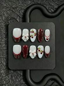 10pcs Handmade Press-On Nails, Short Almond Shape, Autumn/Winter Style, Cream White & Burgundy Color Block, Hand-Painted Cherry, White Bow, Glitter French Tip, Small Red Heart Elements, Suitable For Daily Wear In Autumn/Winter, Comes With Full Set Of Manicure Tools, Perfect For Girls' Personal Use Or Gift - Red and White - View 1