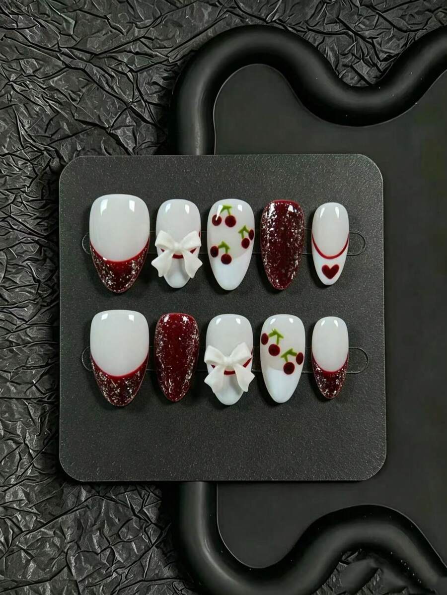 10pcs Handmade Press-On Nails, Short Almond Shape, Autumn/Winter Style, Cream White & Burgundy Color Block, Hand-Painted Cherry, White Bow, Glitter French Tip, Small Red Heart Elements, Suitable For Daily Wear In Autumn/Winter, Comes With Full Set Of Manicure Tools, Perfect For Girls' Personal Use Or Gift - Red and White - View 1