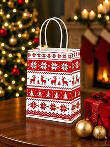 Christmas Sweater Style Gift Tote Bag, Vintage Knit Pattern With Reindeer, Snowflake And Christmas Tree Design, Kraft Paper Gift Wrapping Bag For Christmas Eve - Multicolor - View 8