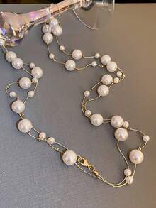 1pc Fashionable Long Faux Pearl Necklace, Minimalist Elegant Sweater Chain, Versatile For Autumn/Winter - Pearl - View 5