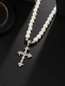1pc Vintage Faux Pearl Beaded Cross Necklace, Distressed Silver Carved Cross Pendant, Suitable For Wedding, Engagement, Daily Wear Accessory, Ideal Gift For Men - White K - View 2