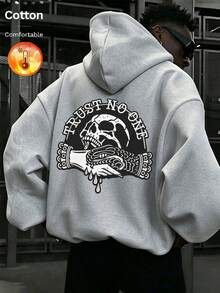 Men's Fleece Hooded Sweatshirt, Skull, Snake Holding And "Trust No One" Print, Y2K Style, Autumn/Winter - Floral Gray - View 10