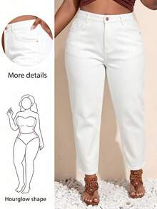 Plus Size White Vintage Mom Style Short Denim Jeans, Non-Stretch, With Pockets And Zipper, Casual Everyday - White - View 1