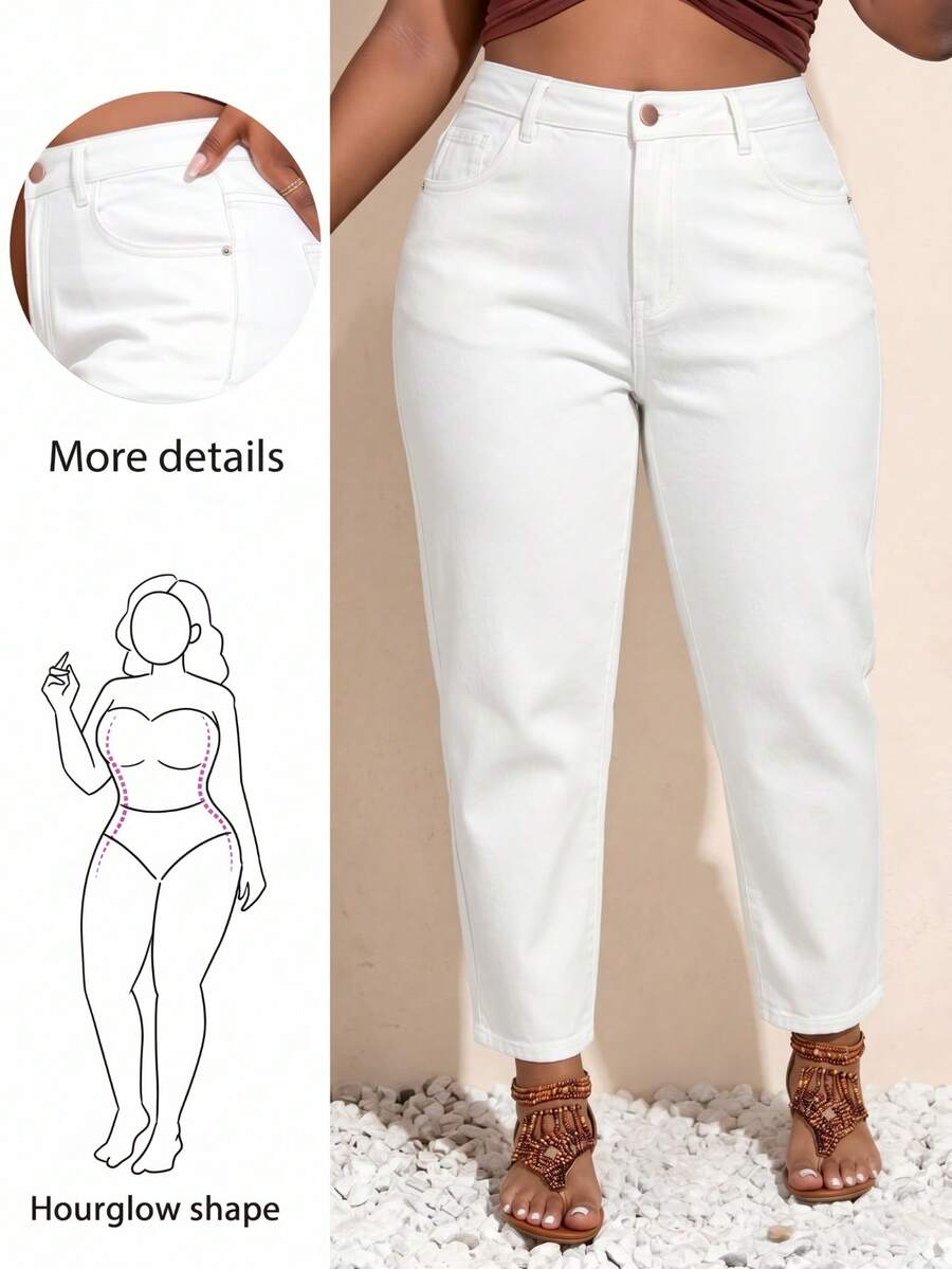 Plus Size White Vintage Mom Style Short Denim Jeans, Non-Stretch, With Pockets And Zipper, Casual Everyday - White - View 1