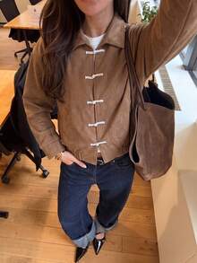 Women's Brown Long Sleeve Lapel Chinese Frog Button Jacket, Napoleon Jacket, Regular Fit Flight Jacket, Autumn Apparel, Suitable For Party & Street & Commute - Brown - View 2