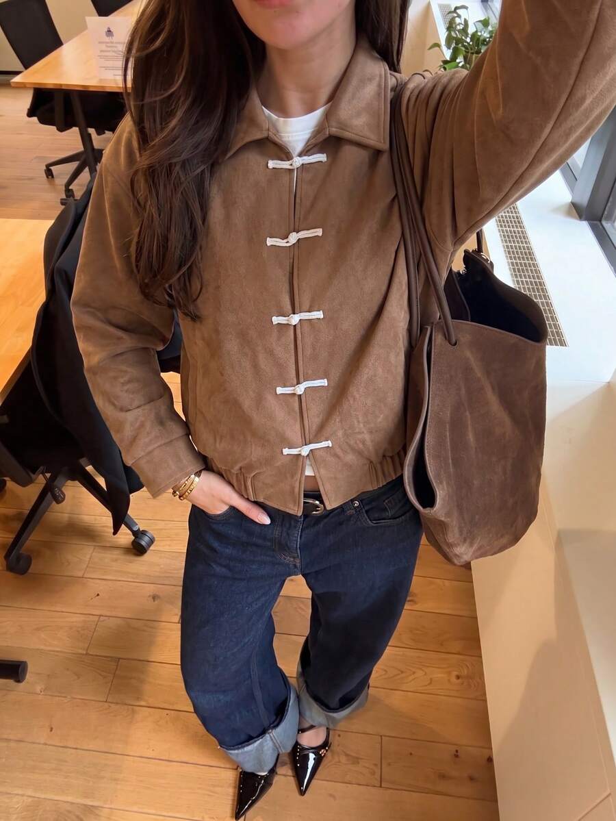 Women's Brown Long Sleeve Lapel Chinese Frog Button Jacket, Napoleon Jacket, Regular Fit Flight Jacket, Autumn Apparel, Suitable For Party & Street & Commute