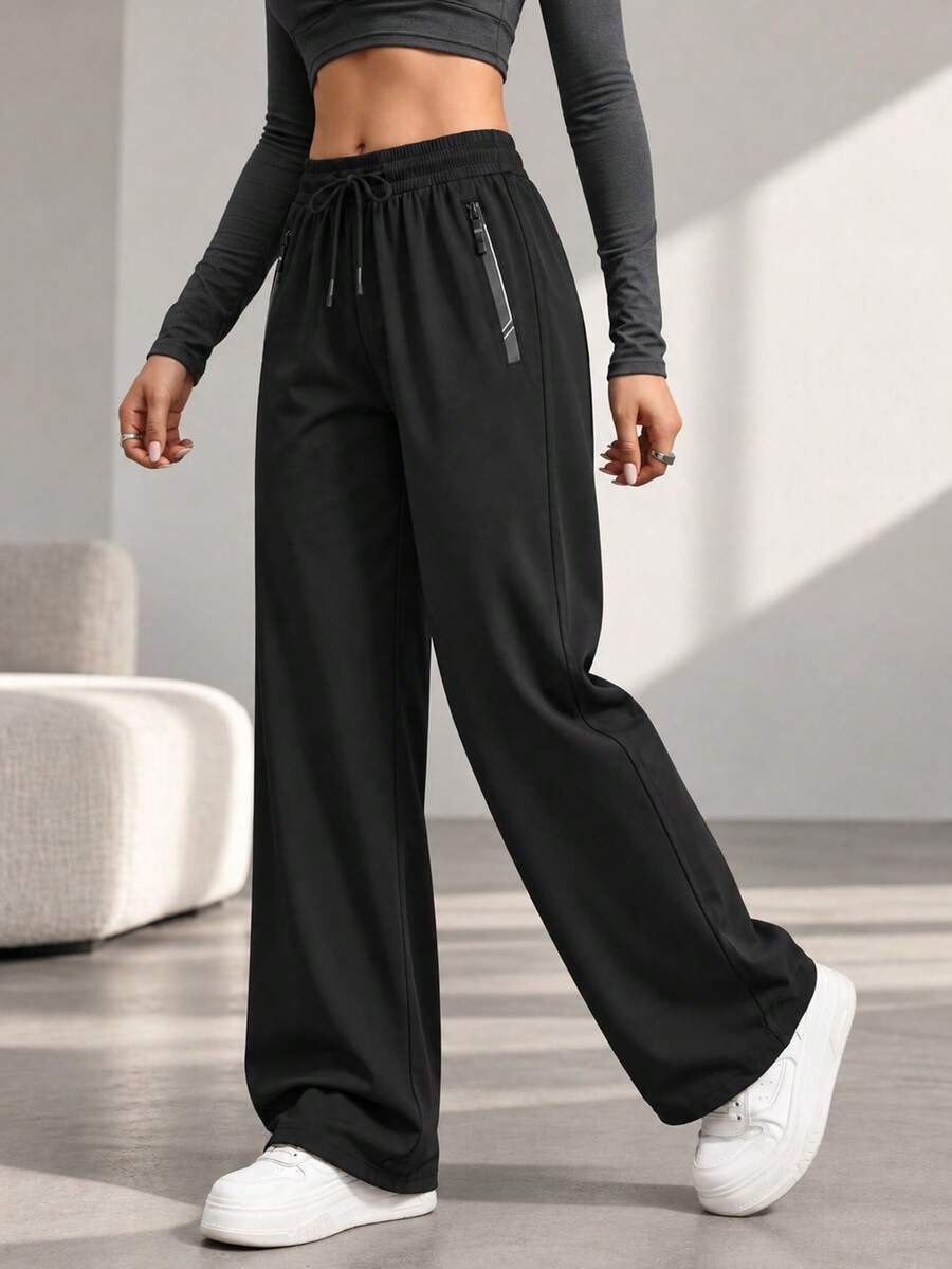 Women Black Wide Leg Sweatpants Zipper Pockets Drawstring Elastic High Waist Loose Fit Casual Athletic Lounge Pants - Black - View 1