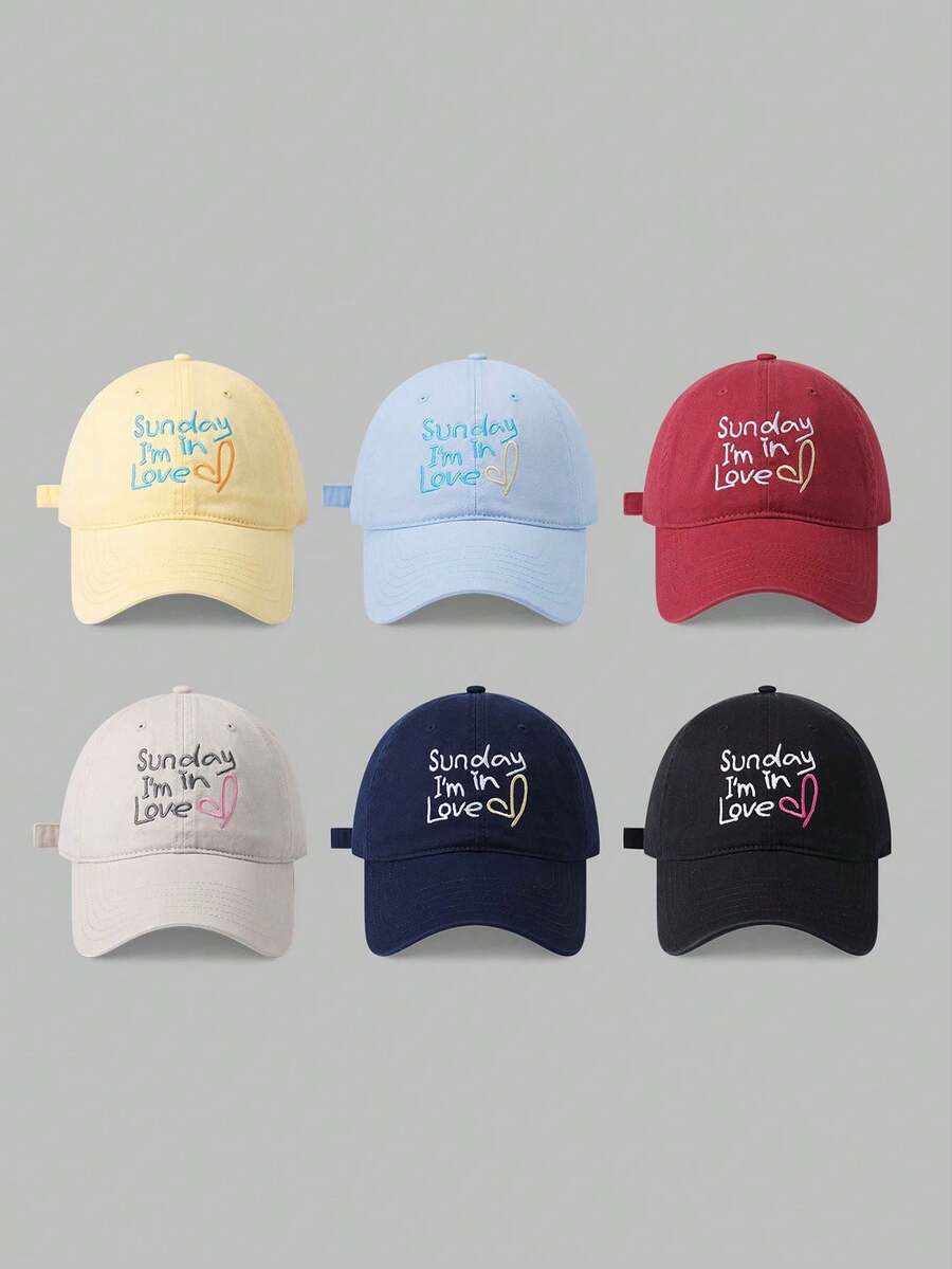 1pc Letter Sunday, I'm In Love, Heart Pattern Embroidered Baseball Cap, Unisex Couple Style, Solid Color Soft Top Hat, Adjustable Curved Brim - Multicolor - View 1