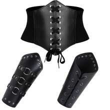 3PCS Renaissance Costume Accessories Kit Vintage PU Leather Lace Up Corset Belts Medieval Viking Wrist Guard For Halloween LARP Cosplay Party - A - View 10