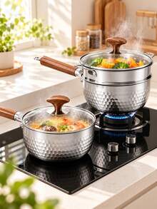 304L 3-Ply Composite Steel Sauce Pot With Hammered Texture And Glass Lid, Multi-Function Pot For Boiling, Stewing, Frying, Simmering, Home And Outdoor Cooking - View 4
