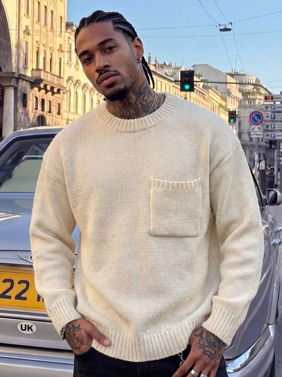 BLACKTOEXIT Men's Round Neck Sweater Casual Loose Minimalist Korean Style Knit Pullover Autumn/Winter - Apricot - View 1