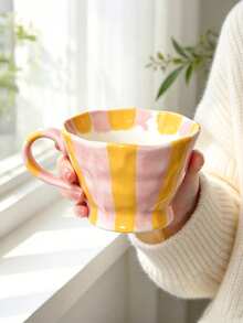 1pc Hand Painted Striped Ceramic Mug, Wavy Rim Large Capacity Coffee Cup, Cute Colorful Breakfast Mug For Milk Oatmeal, Home Kitchen Drinkware - Multicolor - View 17