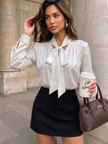 Elegant Satin Bowknot Blouse For Women, V-Neck Tie Long Sleeve Shirt, Smooth Drape With Luxury Texture, Suitable For Commute And Date, Minimalist Solid Color Versatile Slimming Top, French Chic All-Match Style - White - View 6