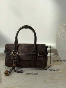 Handbag With Square Small Body, Paired With Double Short Handles, Decorated With Leather Straps And Metal Rings, Hanging Key Bell Shaped Charm, Comes With Detachable Long Shoulder Strap. Can Store Phone, Lipstick And Other Personal Items Inside, Two Carrying Ways: Handheld And Crossbody, Vintage Cargo Style Style, Suitable For Daily Outings - Coffee Brown - View 7