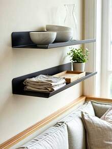 2Pcs Minimal Black Metal Floating Wall Shelf, One‑Piece Iron Wall Mount Display Rack, Raised Lip Edge Storage Shelving For Bedroom Bathroom Kitchen Home Decor - Multicolor - View 3