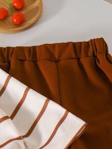 2pcs/Set Girls Toddler Casual Minimalist Striped Cherry Print Lapel Long Sleeve Top And Casual Long Pants Set, Spring/Autumn - Brown - View 8