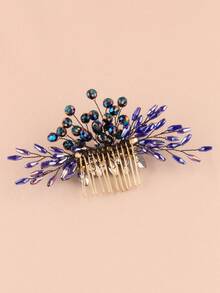 Navy Blue Rhinestone Handmade Exquisite Hair Comb & Hairpin Set, Bridal Updo Hair Comb, U-Shaped Hairpin, Evening Party Headpiece, Wedding, Festival, Ball Gown Styling Accessory - Ink Blue - View 6