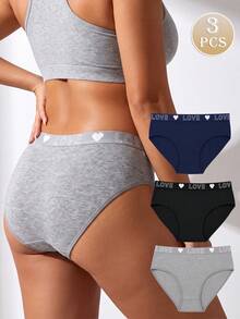 Teowryxou 3pcs Women's Mid-Rise Printed Panties, Elegant Letter Design, Stretchy Knit Fabric, Multiple Colors Available - Multicolor - View 2