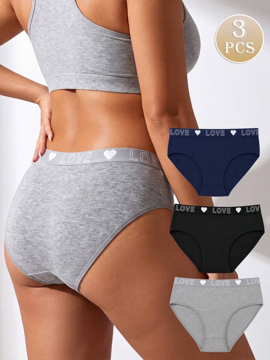 Teowryxou 3pcs Women's Mid-Rise Printed Panties, Elegant Letter Design, Stretchy Knit Fabric, Multiple Colors Available