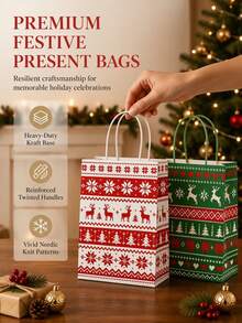 Christmas Sweater Style Gift Tote Bag, Vintage Knit Pattern With Reindeer, Snowflake And Christmas Tree Design, Kraft Paper Gift Wrapping Bag For Christmas Eve - Multicolor - View 2