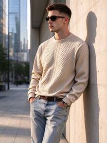 Men's Spring/Autumn Textured Jacquard Fabric Crew Neck Long Sleeve Polo Shirt - Khaki - View 1