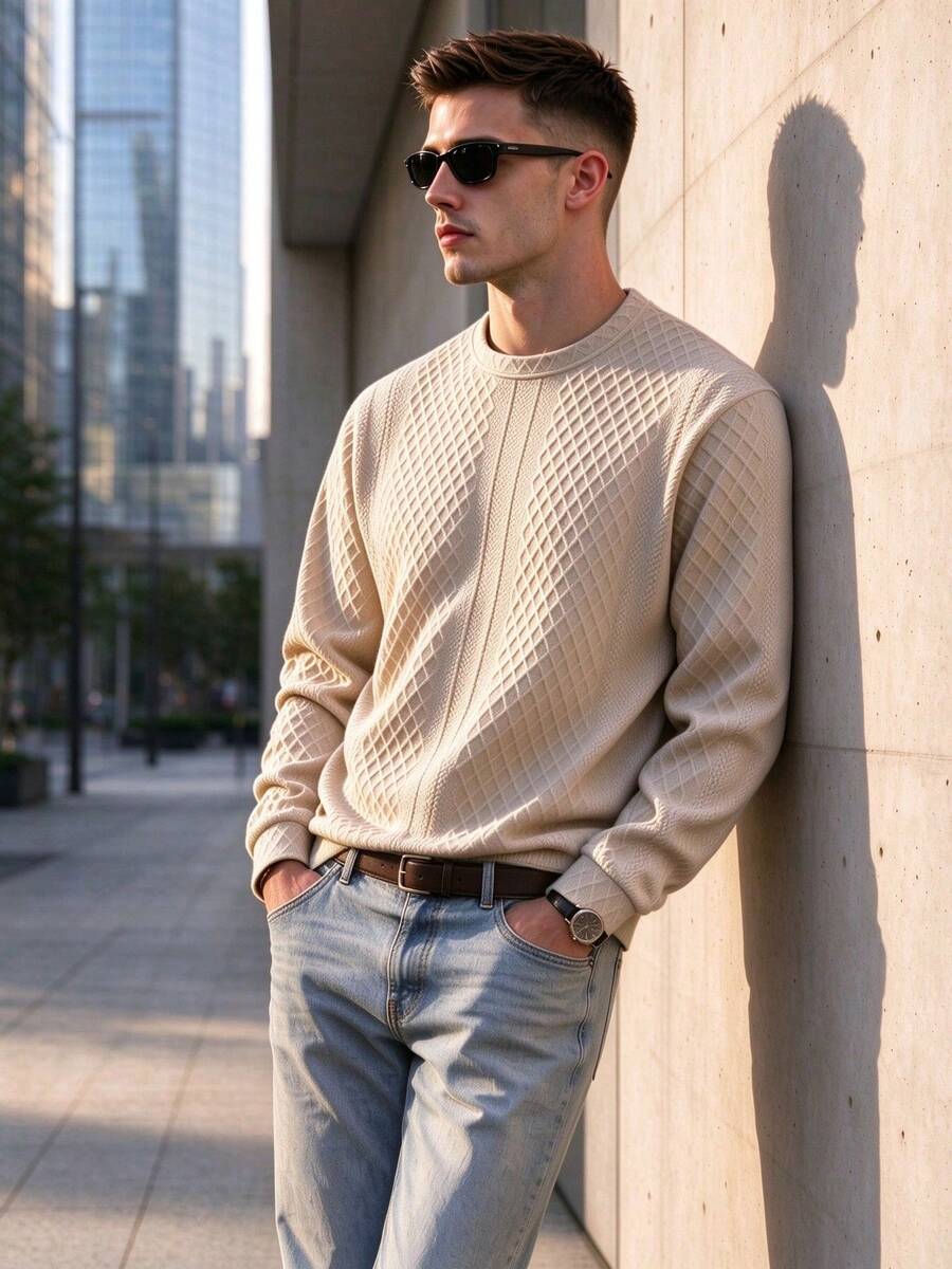 Men's Spring/Autumn Textured Jacquard Fabric Crew Neck Long Sleeve Polo Shirt - Khaki - View 1