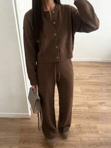 FOR BEAUTY Autumn/Winter Women's Sweater Set, Elegant Vacation Style Y2K Coffee Brown Knit 2 Pieces Set, Short Cardigan Top + Drawstring Wide Leg Pants, Daily Wear - Brown - View 2