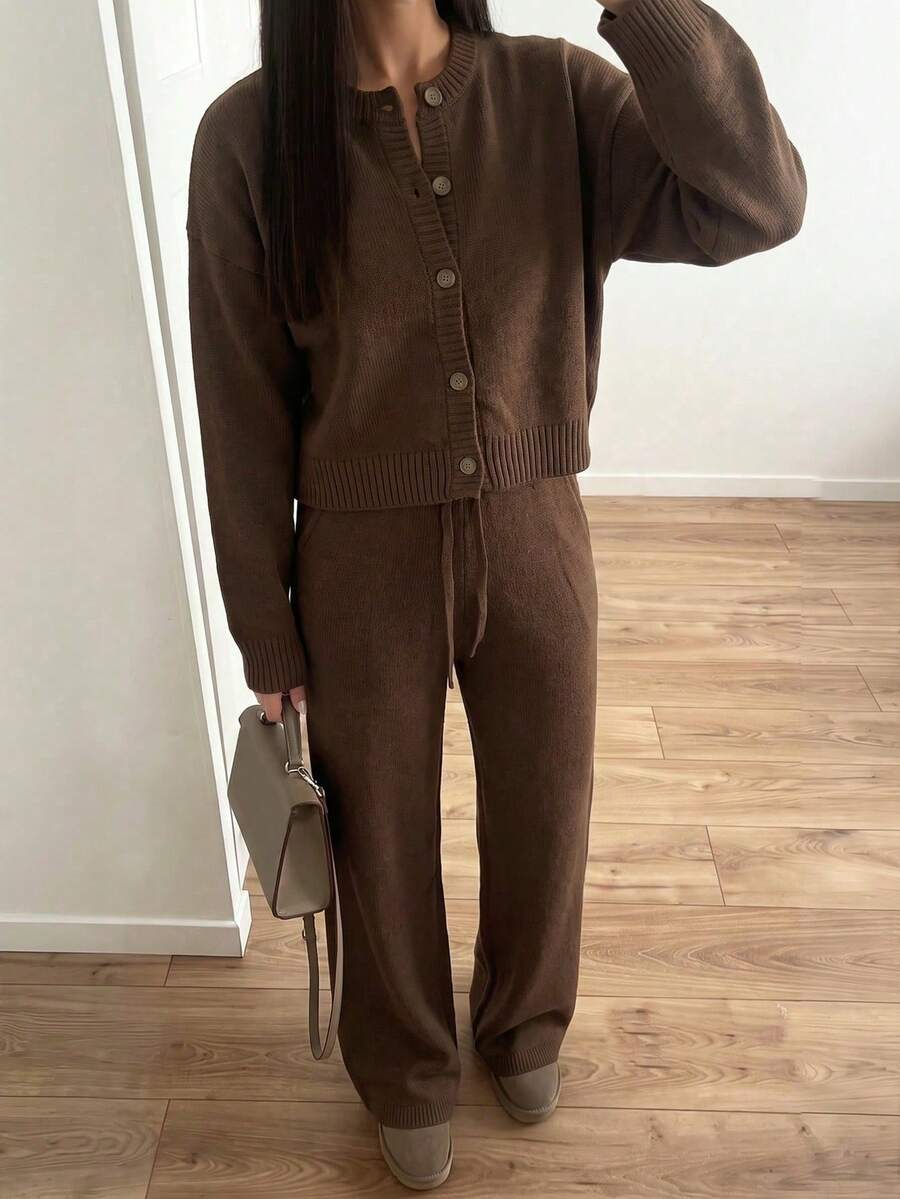 FOR BEAUTY Autumn/Winter Women's Sweater Set, Elegant Vacation Style Y2K Coffee Brown Knit 2 Pieces Set, Short Cardigan Top + Drawstring Wide Leg Pants, Daily Wear - Brown - View 1