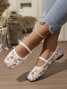 Square Toe Shallow Ballet Shoes With Hollowed Out Mesh Embroidery Flat Sole, Breathable, Lightweight,Exquisite,Elegant,Comfortable For Daily Commuting - White - View 8