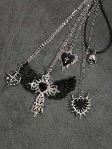 5pcs Vintage Gothic Style Rhinestone Cross Heart Black Wings Angel Wings Cross Skull Heart Cross Necklace Set For Women - Black - View 5
