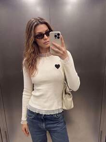 Women's Autumn/Winter New Frill Mesh Patchwork Knit Base Layer Top, Heart Embroidery 2 In 1 Slim Fit Long Sleeve Top - Apricot - View 4
