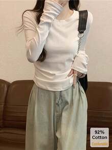 女款秋冬純棉長袖T恤，白色素色百搭修身內搭打底上衣 - 白色 - 查看 4