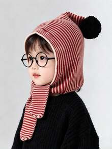 1pc Striped Knit Hooded Scarf, 2-In-1 Pom Pom Hat And Scarf Integrated Design, Soft Warm Knitted Neck Warmer, Cute Outdoor Warm Accessory Gift - Multicolor - View 11