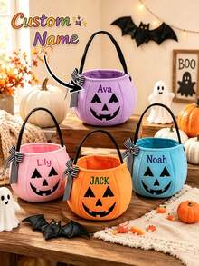 Personalized Plush Pumpkin Halloween Trick Or Treat Bucket, Customized Name Halloween Candy Tote Bag, Portable Handbag, Multi-Purpose Storage Bag For Cosmetics, Stationery, Picnic, Travel, Halloween Home Decor Gift Bag - Multicolor - View 1