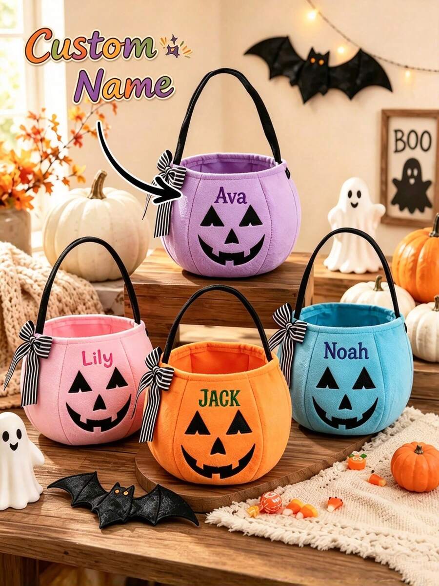 Personalized Plush Pumpkin Halloween Trick Or Treat Bucket, Customized Name Halloween Candy Tote Bag, Portable Handbag, Multi-Purpose Storage Bag For Cosmetics, Stationery, Picnic, Travel, Halloween Home Decor Gift Bag - Multicolor - View 1