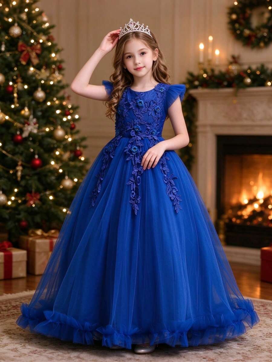女童長款刺繡婚禮公主禮服,花童裙,適用婚禮、生日、晚宴、節日、主持、鋼琴表演、正式場合 - 藍色 - 查看 1