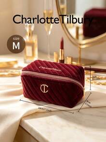 Charlotte Tilbury 酒紅色天鵝絨絎縫化妝包 M 號 18*8*9cm，便攜拉鍊式化妝收納袋，旅行化妝收納包，適用於口紅、化妝刷與化妝品 - 酒紅色 - 查看 1