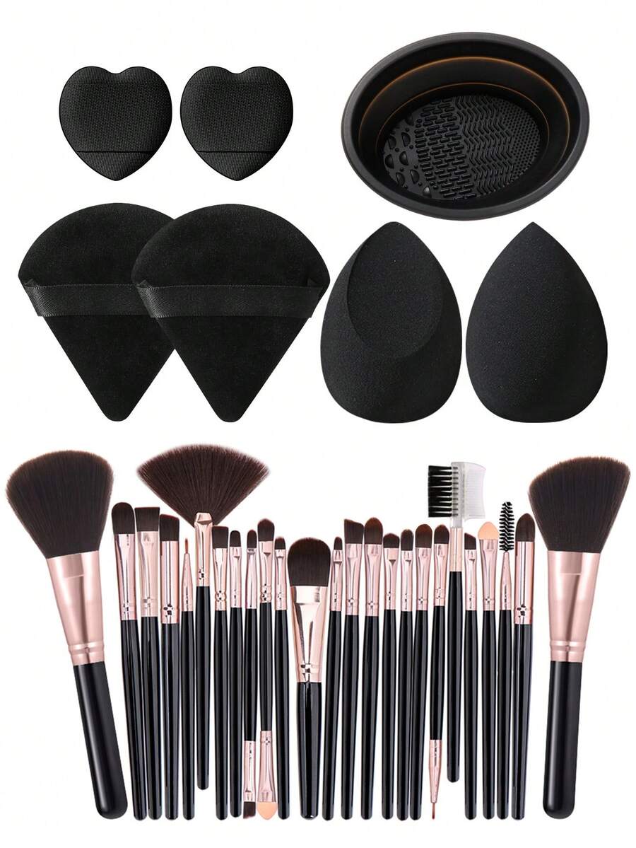 32Pcs Makeup Tools Set, 25Pcs Black Rose Gold Makeup Brushes + 7Pcs Makeup Accessories Kit, Including Triangle Powder Puffs, Heart Thumb Pads, Makeup Sponges, Silicone Brush Cleaning Bowl, All-In-One Cosmetic Set For Starters - Multicolor - View 1