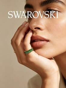 SWAROVSKI 綠色長方形水晶全圈戒指，可疊戴女款珠寶，送給女友的生日禮物 - 金色+綠色 - 查看 2