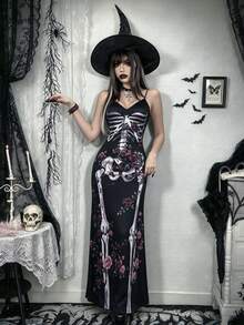 Black & White Skull Rose Long Dress - V-Neck Spaghetti Strap Fitted Slip Dress, Gothic Style Halloween Costume - Black - View 5