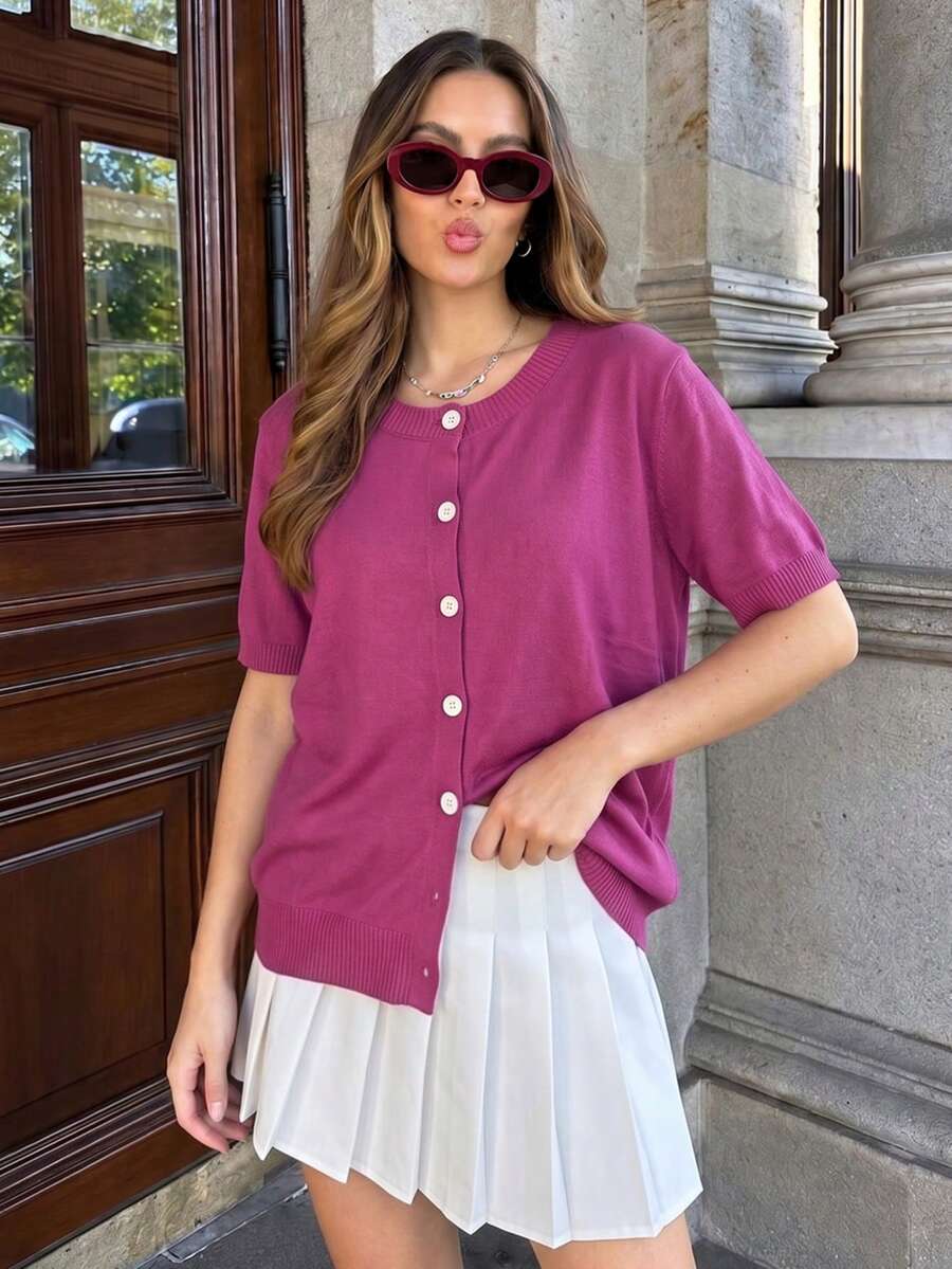 JustMiss Women's Knitted Cardigan, Round Neck, Short Sleeve, Short Straight Fit, Soft Knit Open Front, Spring/Summer - Pink - View 1