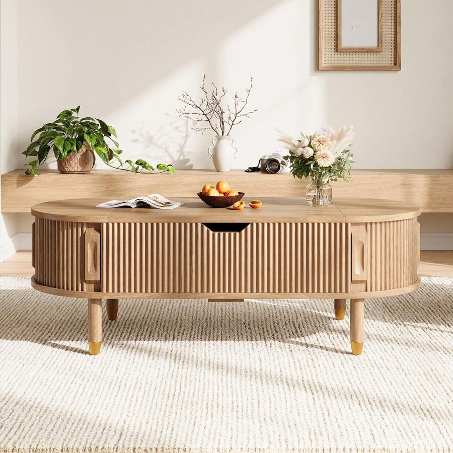 Living Room Coffee Table, Lift-Top Center Table With Storage, MDF, Rubberwood Legs, Fluted Sliding Door - Oak - View 1