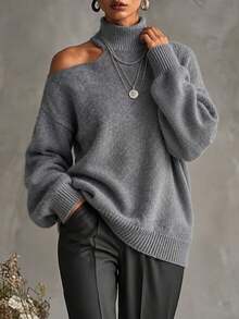 Plus Size Women's Fuzzy Knit Turtleneck Pullover Sweater, Asymmetrical Cold Shoulder Drop Shoulder Design, Autumn/Winter Essential - Grey - View 4