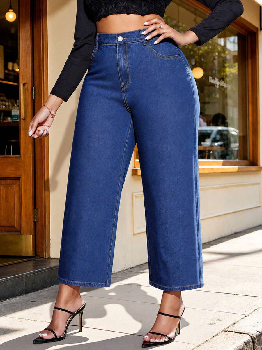 Y2K Style Plus Size Women's Short Denim Jeans, Loose Wide Leg Denim Pants, Comfortable Non-Stretch - Blue - View 1